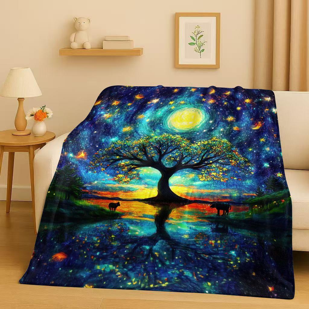 Retro Kleurrijke Levensboom Yggdrasil Keltisch Runen Flanellen Deken, Ultra Zachte Pluche Plaid voor Huis Slaapkamer Bed Bank Cover Kinderen