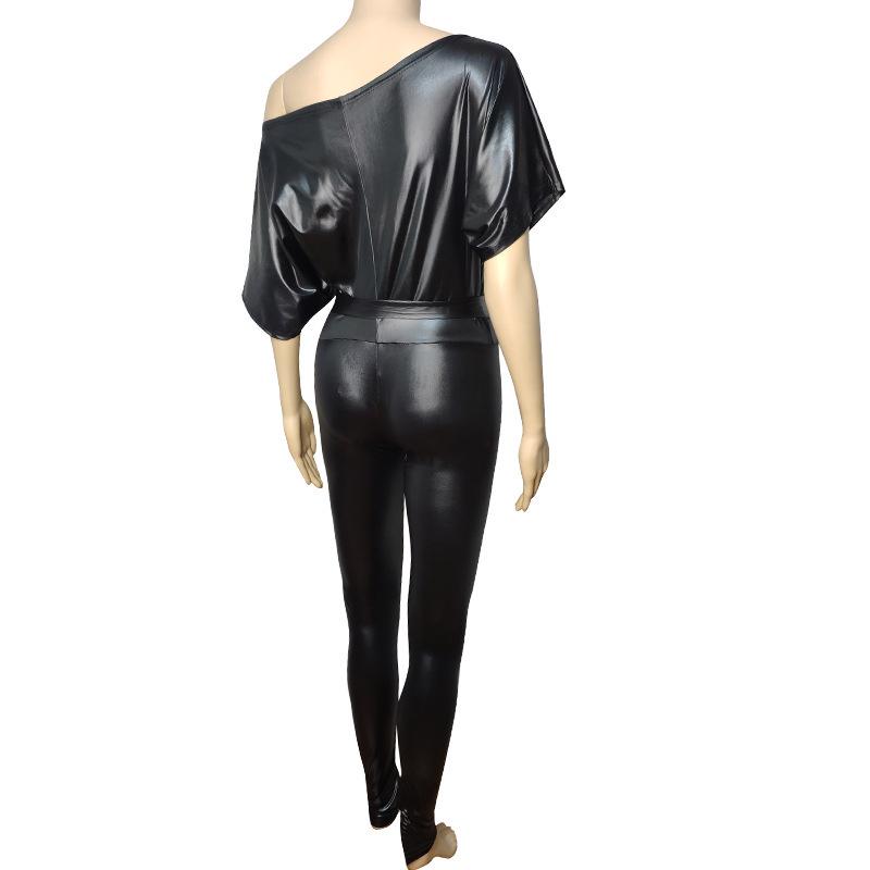New Fashion Faux Leather Dress - Elastic Diagonal Neck & Batwing Short Sleeve
