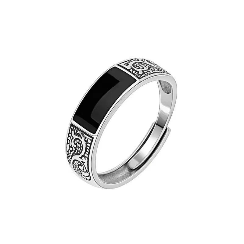 Male Trendy Ins Personalized Open Ring Fashion Simple Ethnic Style Black Men's Rectangular Retro Dragon