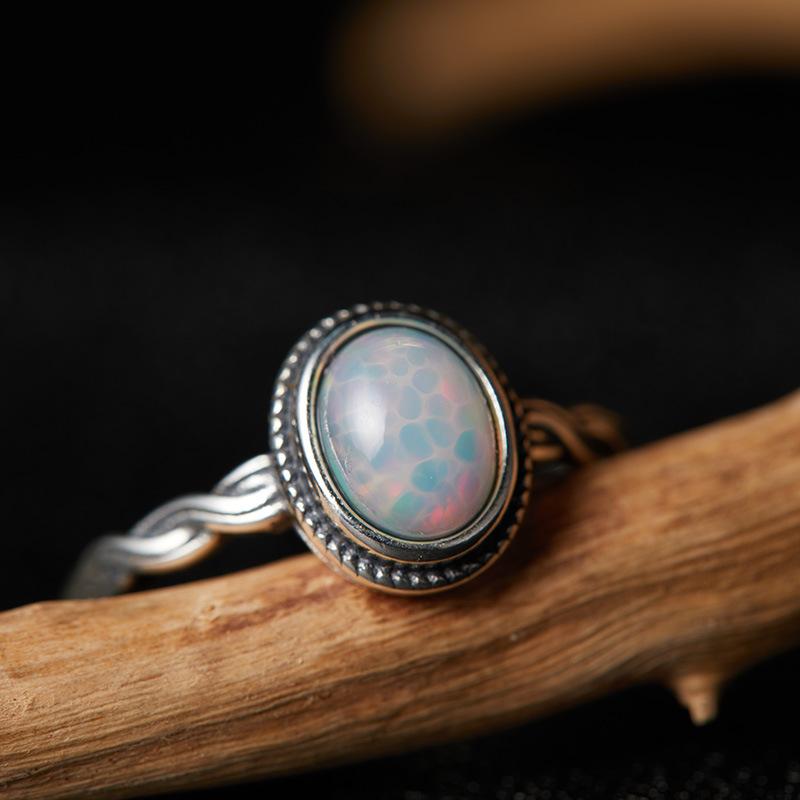S925 Sterling Silver Natural Malachite Opal Color Treasure Ring Women'S Personality Retro Thai Silver Twist Striped Ring
