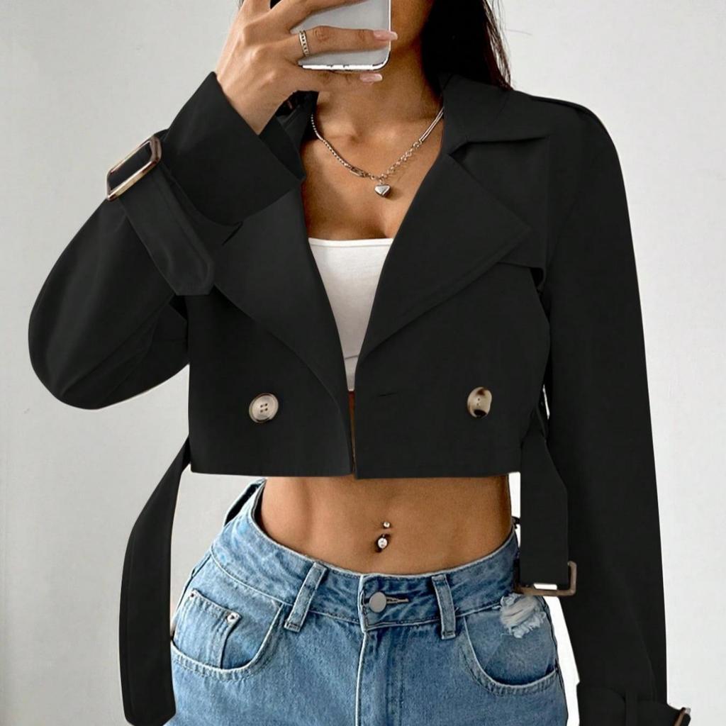 European & American Style Women's Waist-cinched Long Sleeve Short Trench Coat, Spring Autumn Casual Lace-up Fashion Outerwear