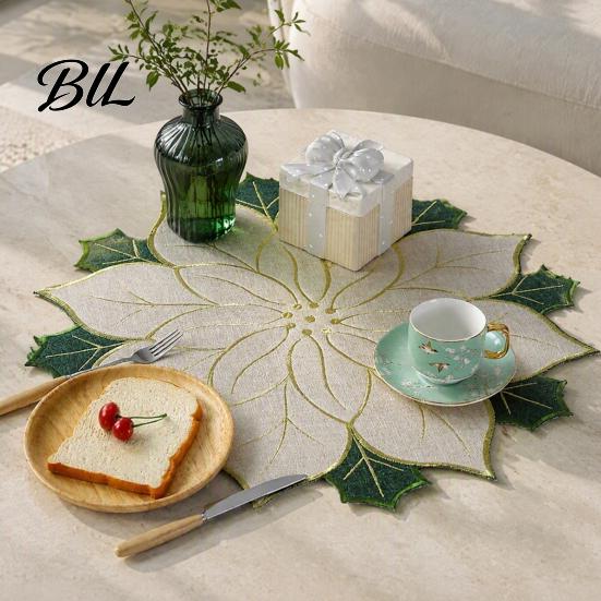 Christmas Table Placemats for Dining Floral Leaf Placemat Table, Decorative Polyester Fabric Holiday Decorations Mats with Festive Leaves Design Party