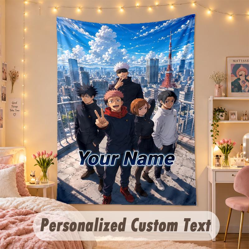 Benutzerdefinierter personalisierter Wandteppich, Jujutsu Kaisen Druck Benutzerdefinierter Name Text Wandkunst zum Aufhängen für Schlafzimmer
