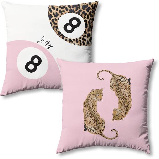 Trendy Funky Cheetah Pink Y2K Luck 8 Ball Pillow Covers 18x18 Set of 2,Pink Leopard Decorative Pillowcases,Cheetah Throw Pillow Covers for Couch Sofa