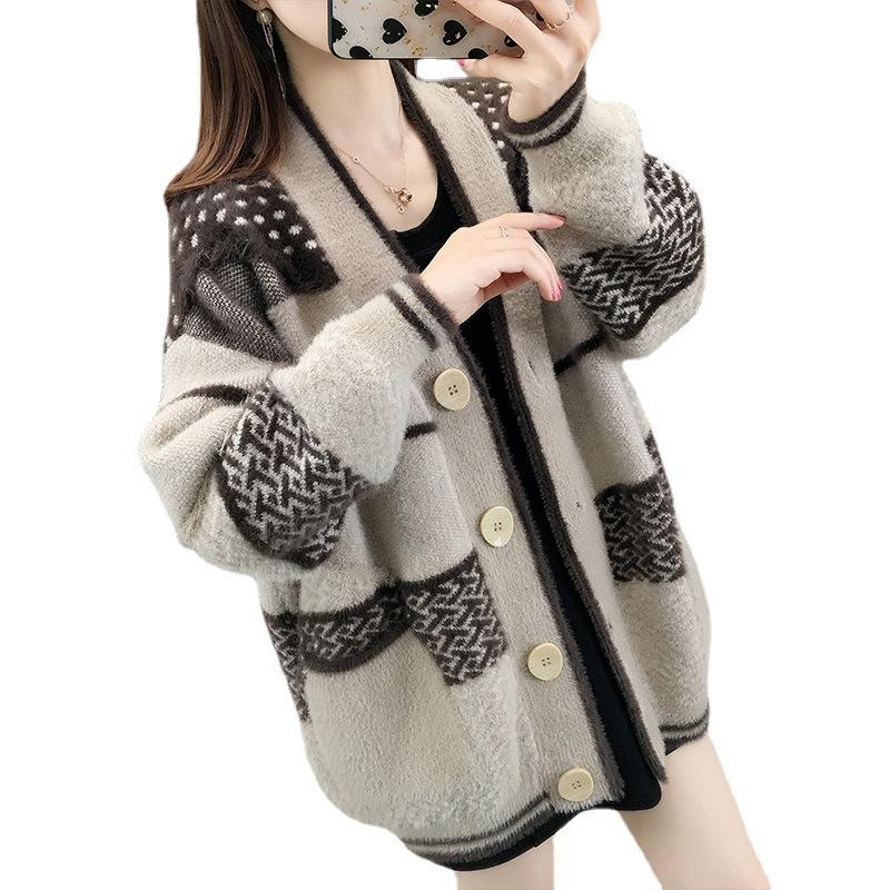 Faux Mink Knitted Cardigan Jacket Women's Autumn 2023 New Loose Ladies Jumper Outside The Wear Spring and Autumn Hundred