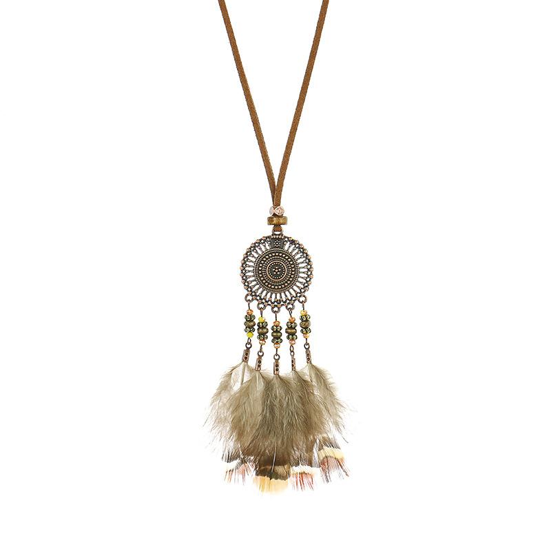 

Ethnic Gypsy Long Brown Rope Chain Leather Pendant Necklace For Women Tassel Bohemian Geometric Handmade Zircon Accessories