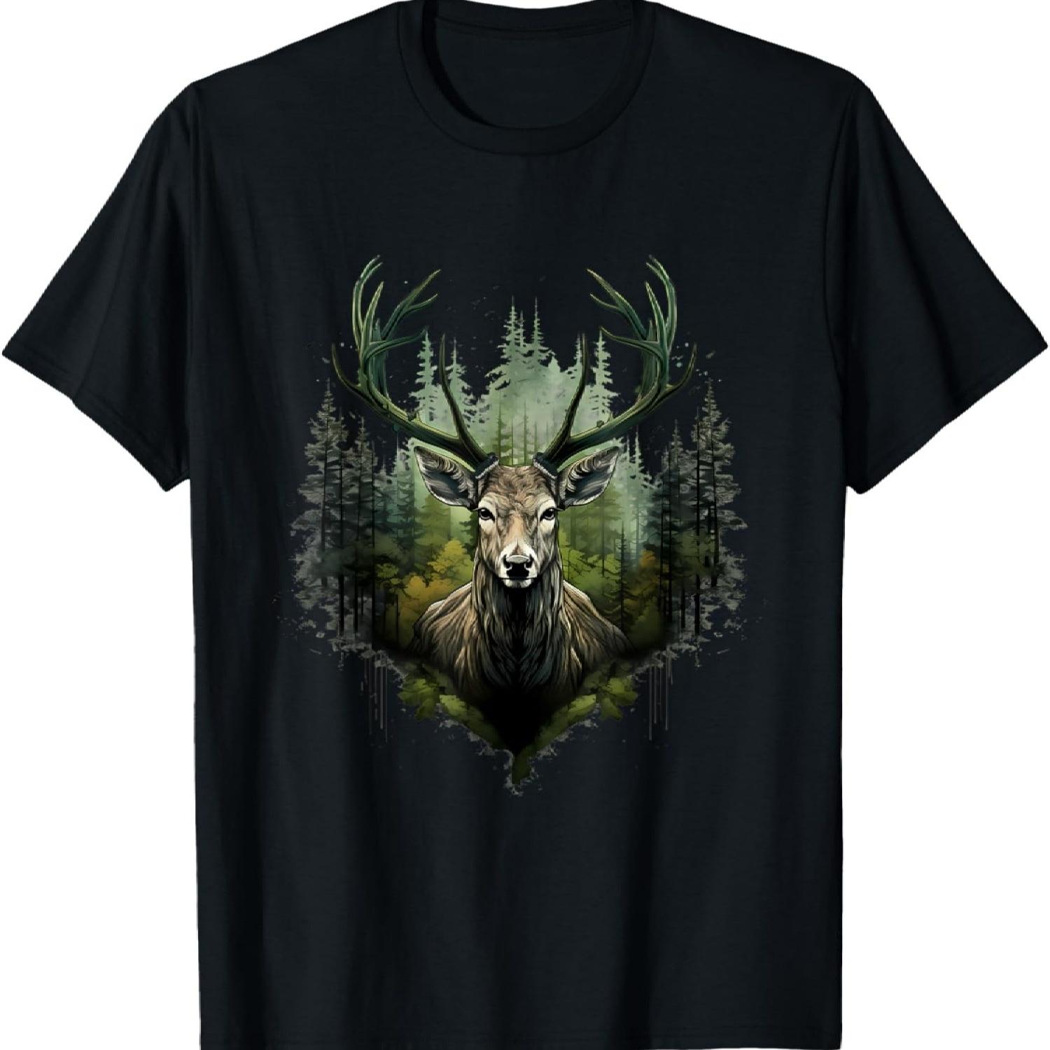 Deer Portrait Forest Motif Artwork Animal Lovers Wildlife T-Shirt S