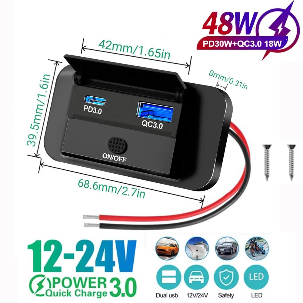 12V 24V Car Type C Phone Charger Socket Panel With Switch PD+QC3.0 Fast Charging Multi Ports Dual USB Outlet LED Light For Car Truck Marine