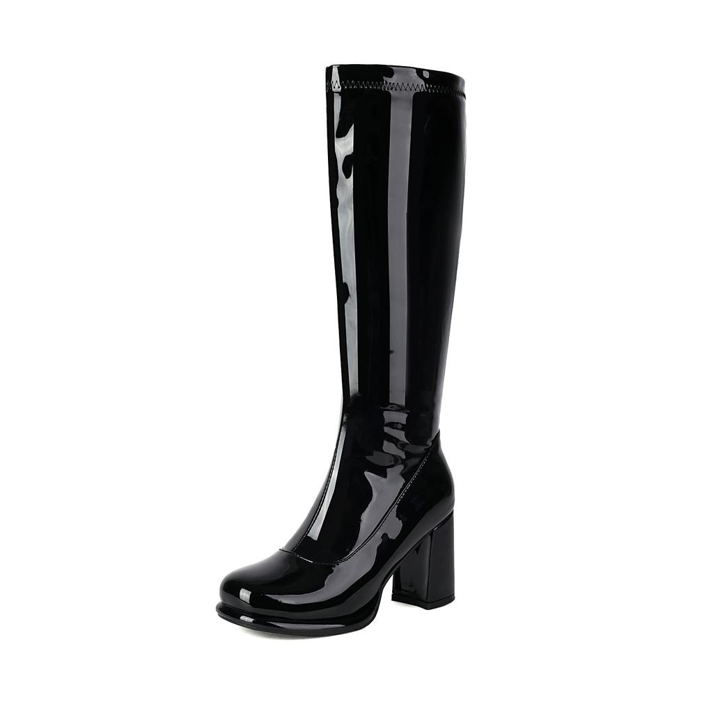 Sung Fit Women's Knee High Boots Gold Silver Comfy Shoes Soft Patent Leather Chunky High Heels Footwear