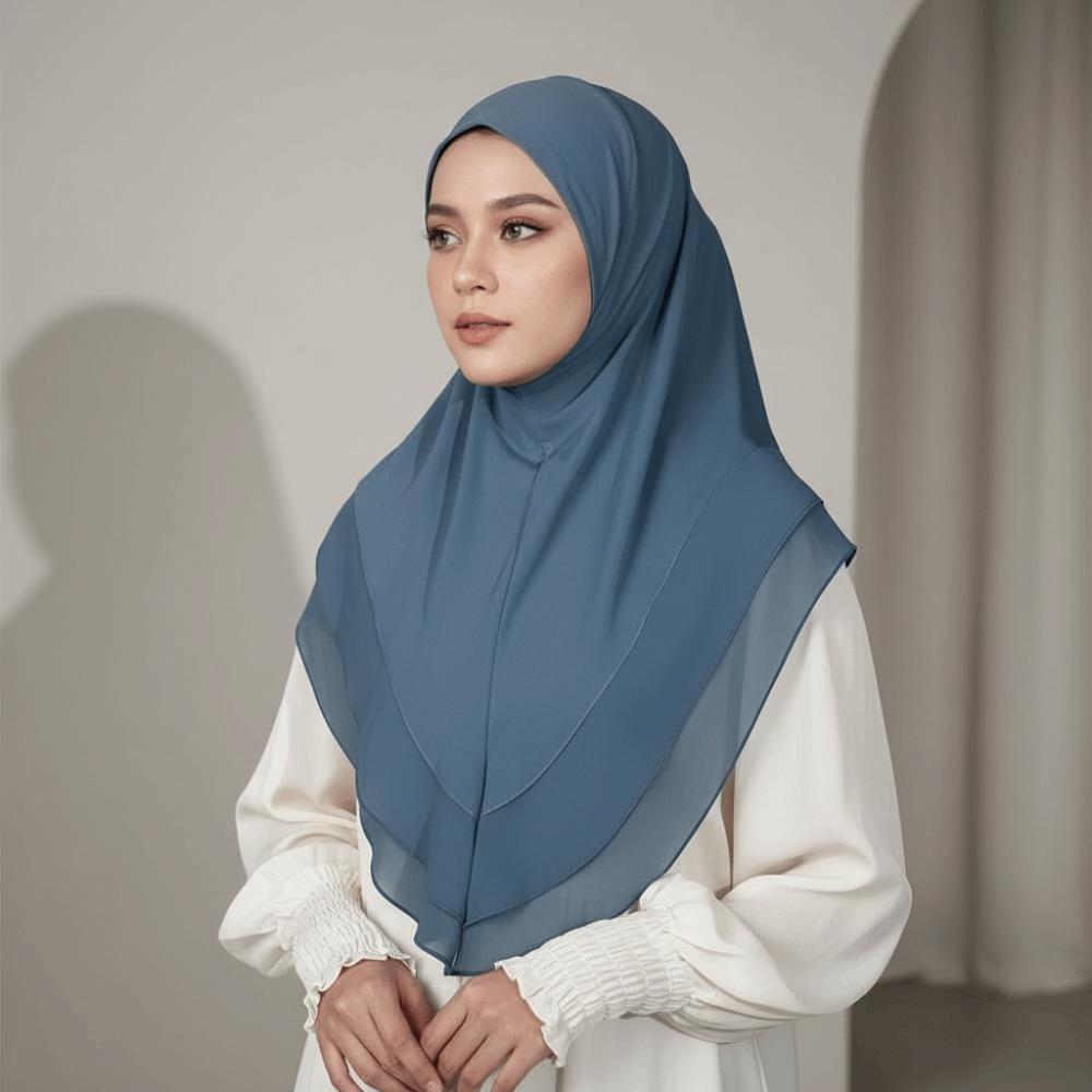 Non-Transparent Double Layer Chiffon Hijab Elegant Drape Solid Color Instant Chin Cover Scarf Pinless Design Wrinkle-Resistant