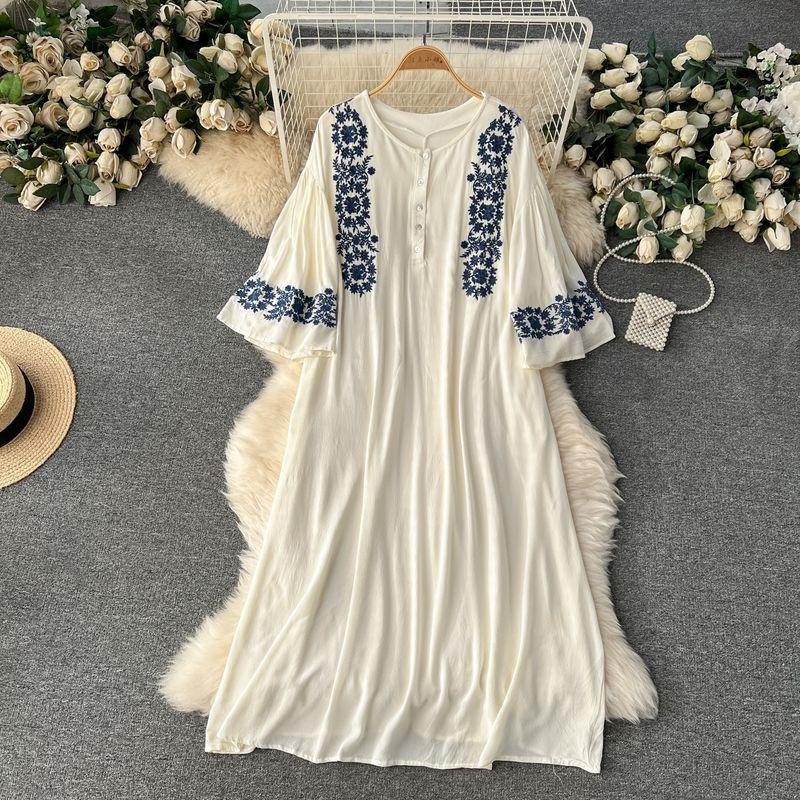 

Spring Clothing Ethnic Style Retro Embroidered Flared Sleeve Dress Blue flowers on white background One size