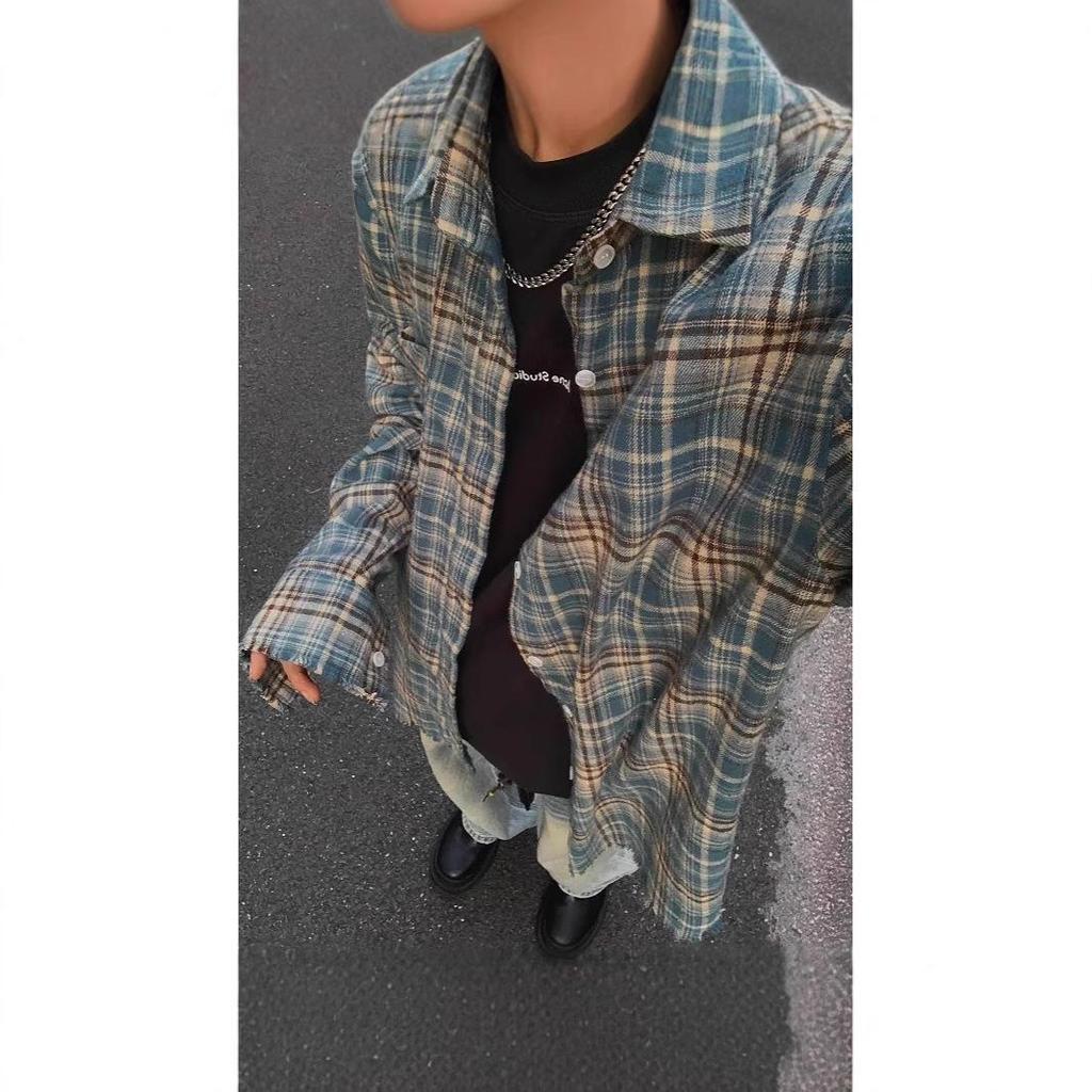 Unisex Trendy Plaid Long Sleeve Shirt with Frayed Hem - Versatile Retro Street Style for Spring and Autumn