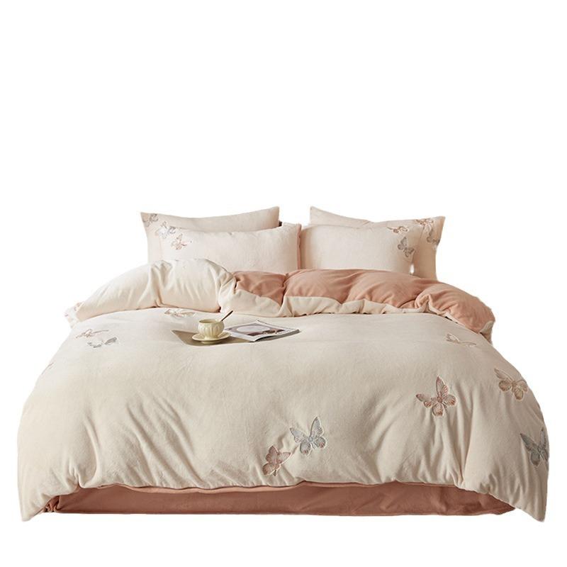 High-Grade High-Gram Weight Thickened Milk Fleece Four-Piece Set Mengdie Girl Heart Bed Sheet Quilt Cover Bed Hat To Keep Warm