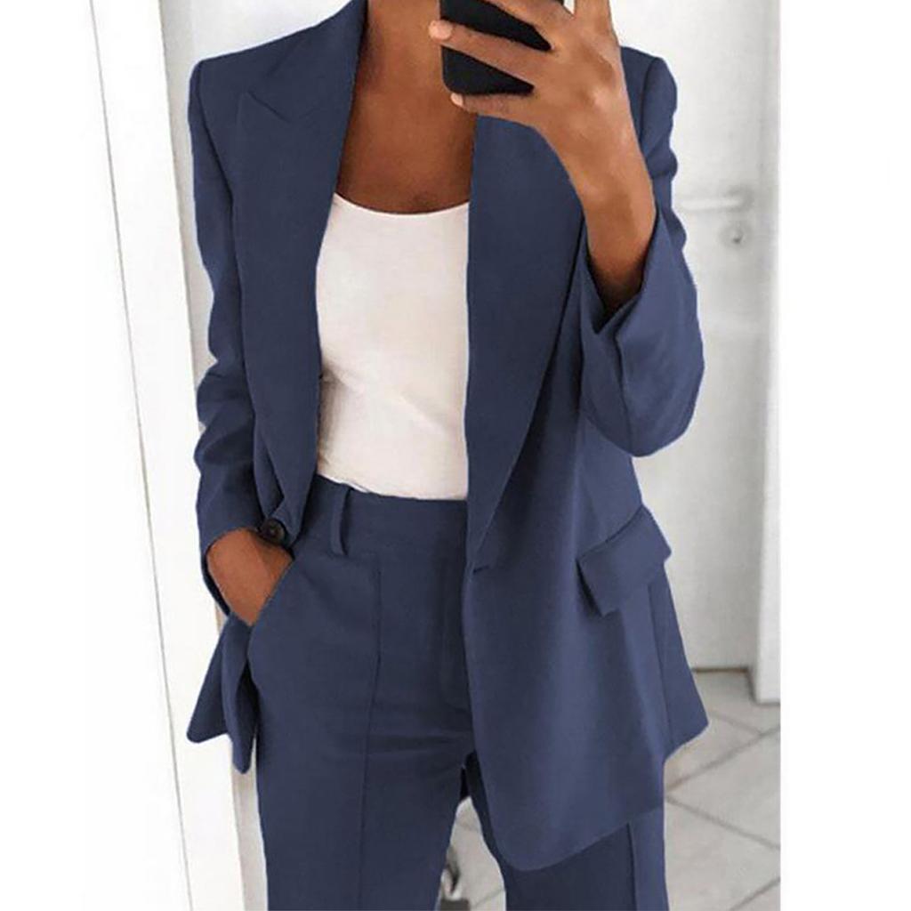 Dámský ležérní jednobarevný klopový Cardigan Suit s dlouhým rukávem Bunda Kalhoty Oblek