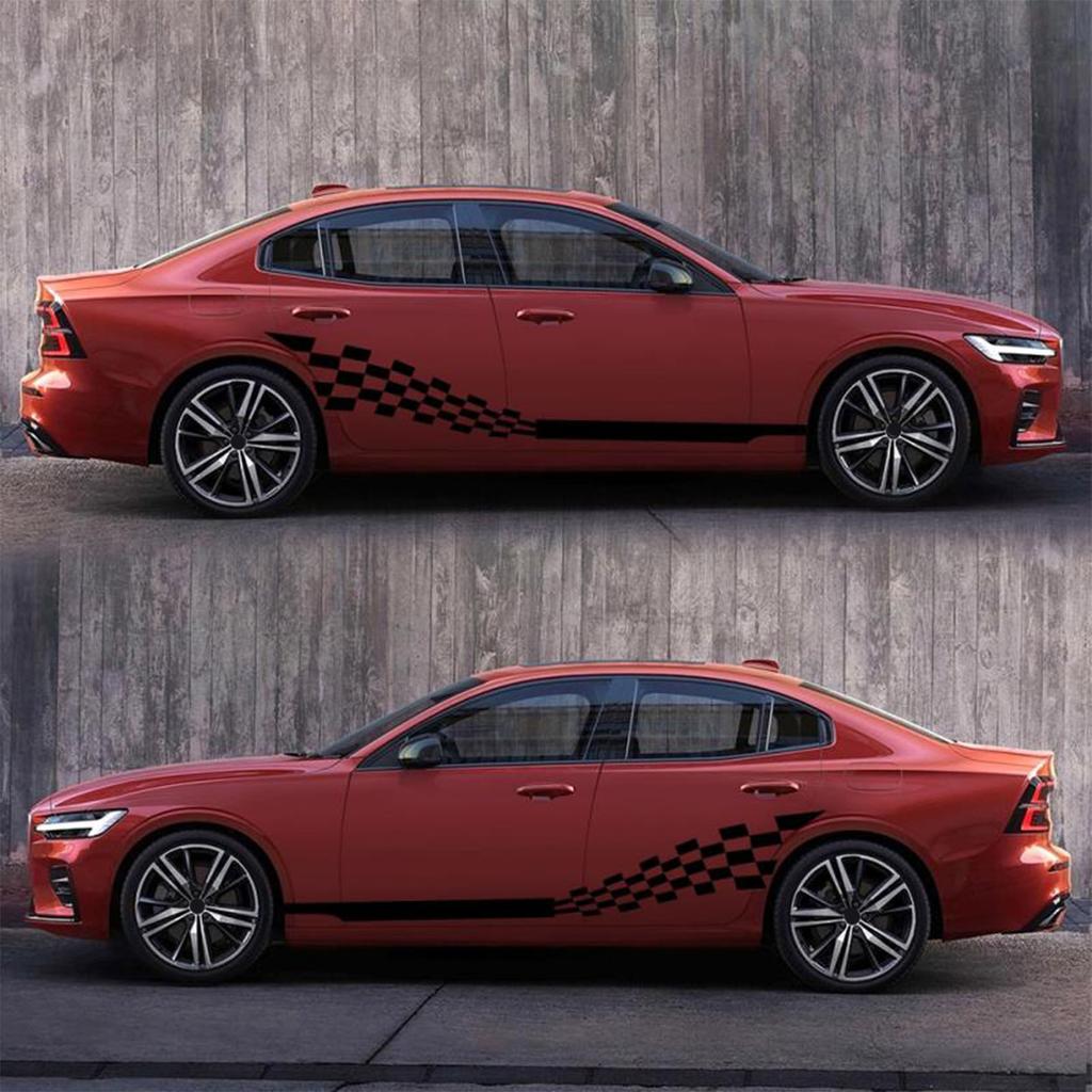 2pcs Stripe Car Decal Graphic Universal Waterproof Self Adhesive Removable Checkered Car Door Body Side Sticker Black