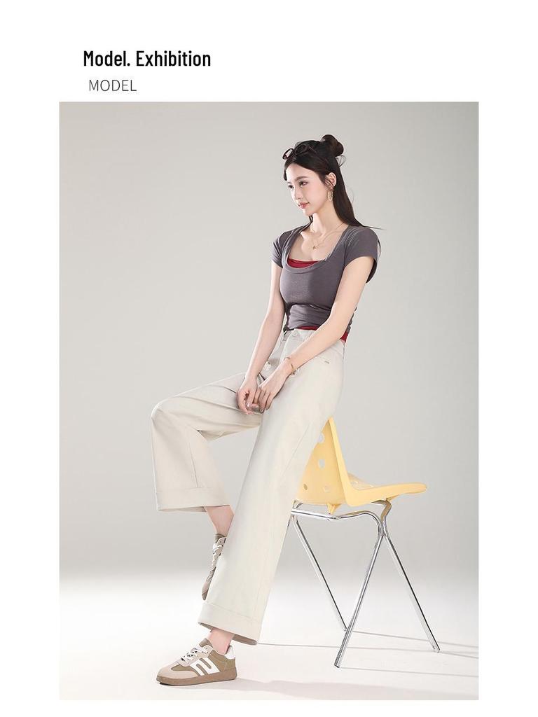 Beige Turn-Up Wide-Leg Cropped Pants - Women's 2025 Spring/Autumn Casual Loose Fit