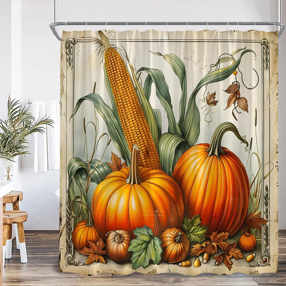 Autumn Harvest Season Shower Curtain Pumpkin Sunflower Corn Squirrel Fall Country Bathroom Decor Orange Polyester Bath Curtain