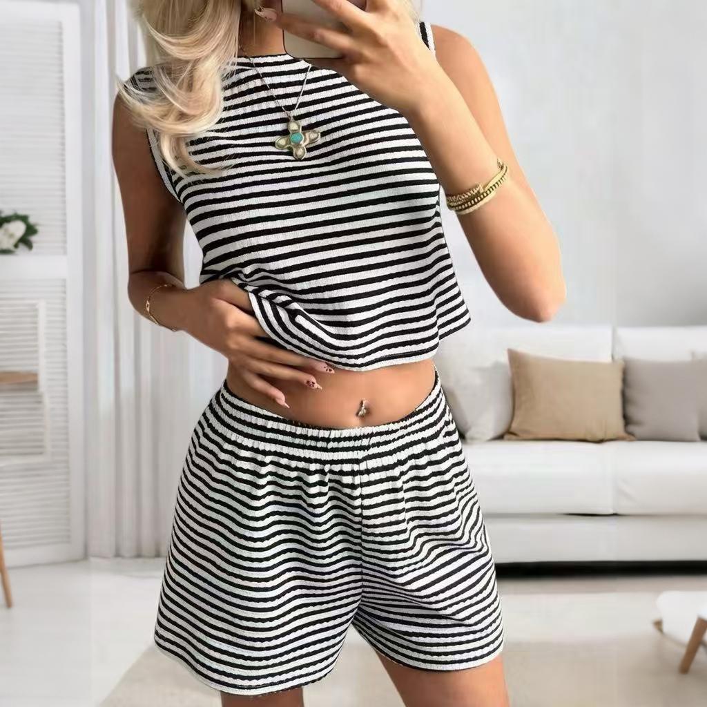 Women's Textured Striped Tank Top and Shorts Set Summer Knit Casual Two Piece Outfit Sleeveless Pullover Elastic Waistband Lounge Wear