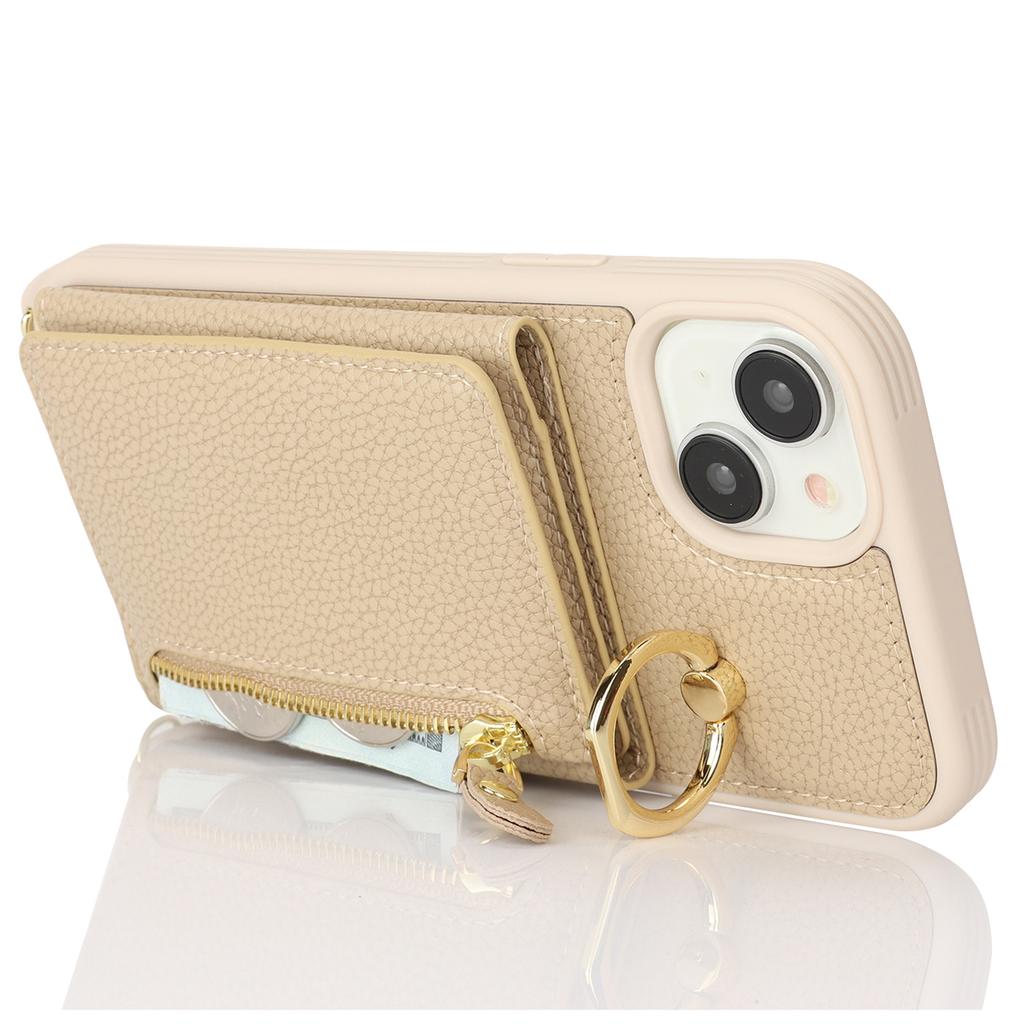 For iPhone 14/13 Case Litchi Texture Card Bag Leather+TPU Crossbody Phone Cover with Ring Kickstand