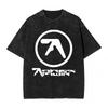 T-shirt Aphex Twin Noir Lavé Imprimé Coton Graphique Surdimensionné Mode Coréenne Manches Courtes Hauts T-shirts Y2k pour Hommes Femmes