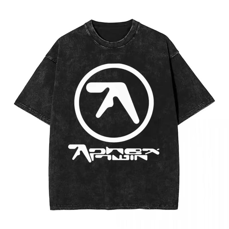 T-Shirt Aphex Twin Washed Black Print Cotton Graphic Oversized Korean Fashion Short Sleeve Tops Tees Y2k for Men Women S