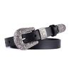 Women's Retro Carved Black Genuine Leather Belt with Pin Buckle