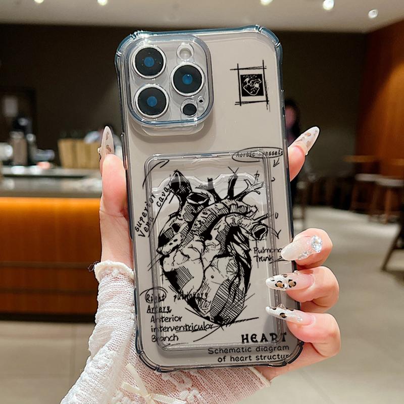 

Чехол с прозрачным слотом для карт и рисунком в виде сердца для iPhone 16 Pro Max 16E 15 Pro 14 13 12 11 Travel Signboard Print, ударопрочный, мягкий, силиконовый, тонкий чехол для телефона iPhone 16 Pro серый/чёрный