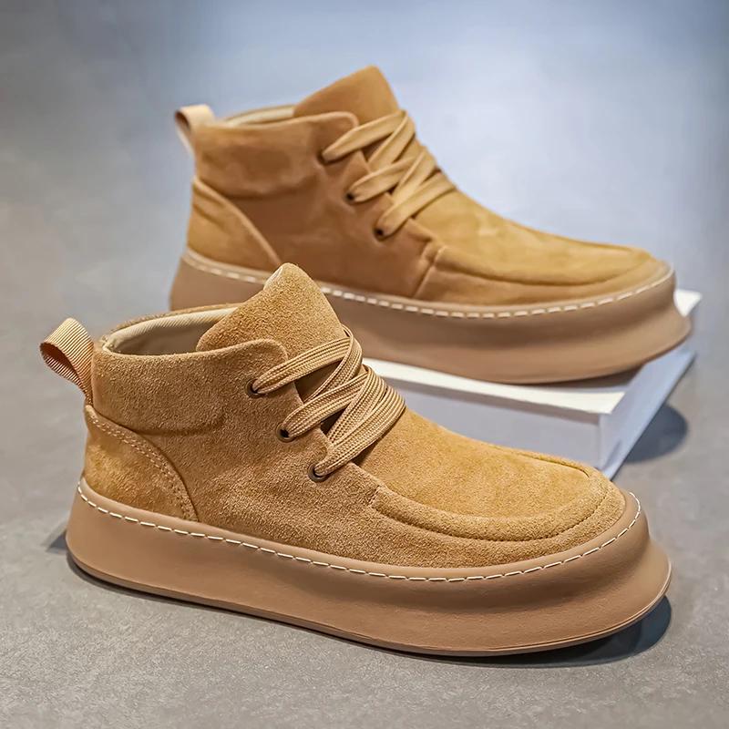 Fashion Men Genuine Leather Thick Bottom Boots Casual Leather Soft Sole Shoes Comfy Outdoor Classical Ankle Boots Casual Lace-Up Shoes