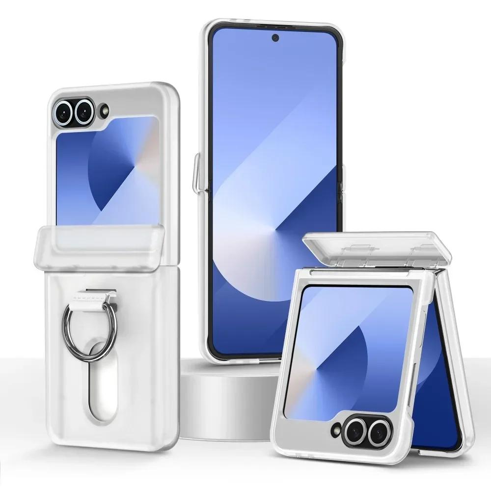 Card Holder Ring Hinge Protection Phone Case For Samsung Galaxy Z Flip 6 5 Flip6 Flip5 5G Hard PC Shockproof Protective Cover