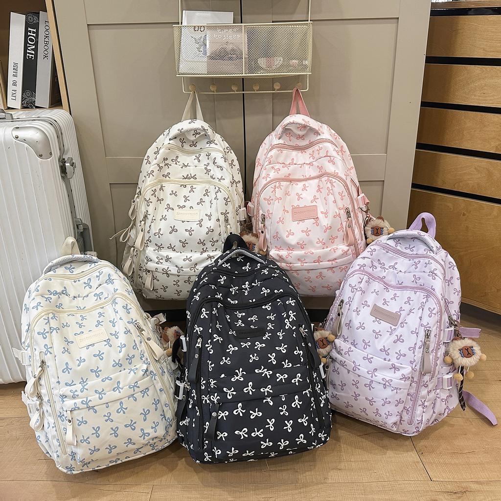 New Style Cute Bow Double Zipper Lightweight Backpack Sweet Girl Large Capacity School Daypack