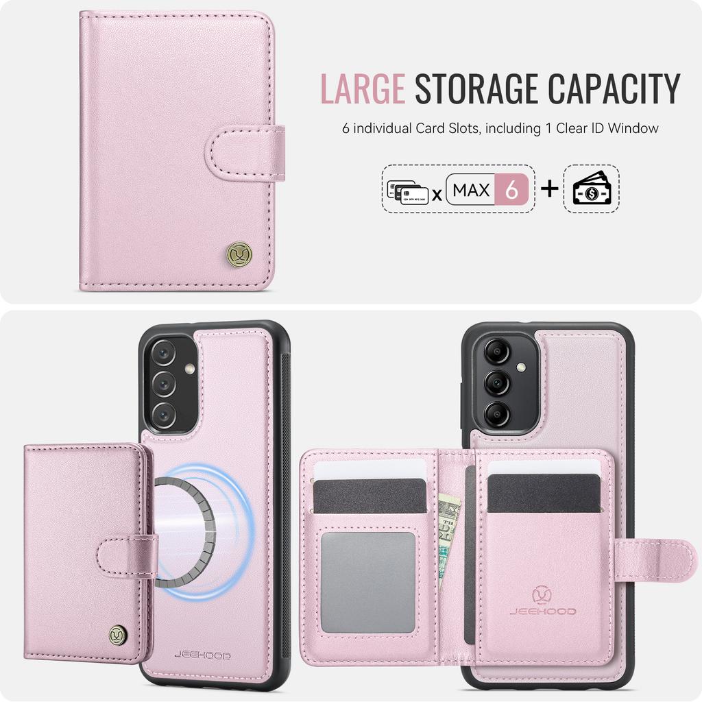 For Samsung Galaxy A24 4G (162.1mm) Case JEEHOOD J09 RFID Blocking Card Holder Leather Back Phone Cover Magnetic Case
