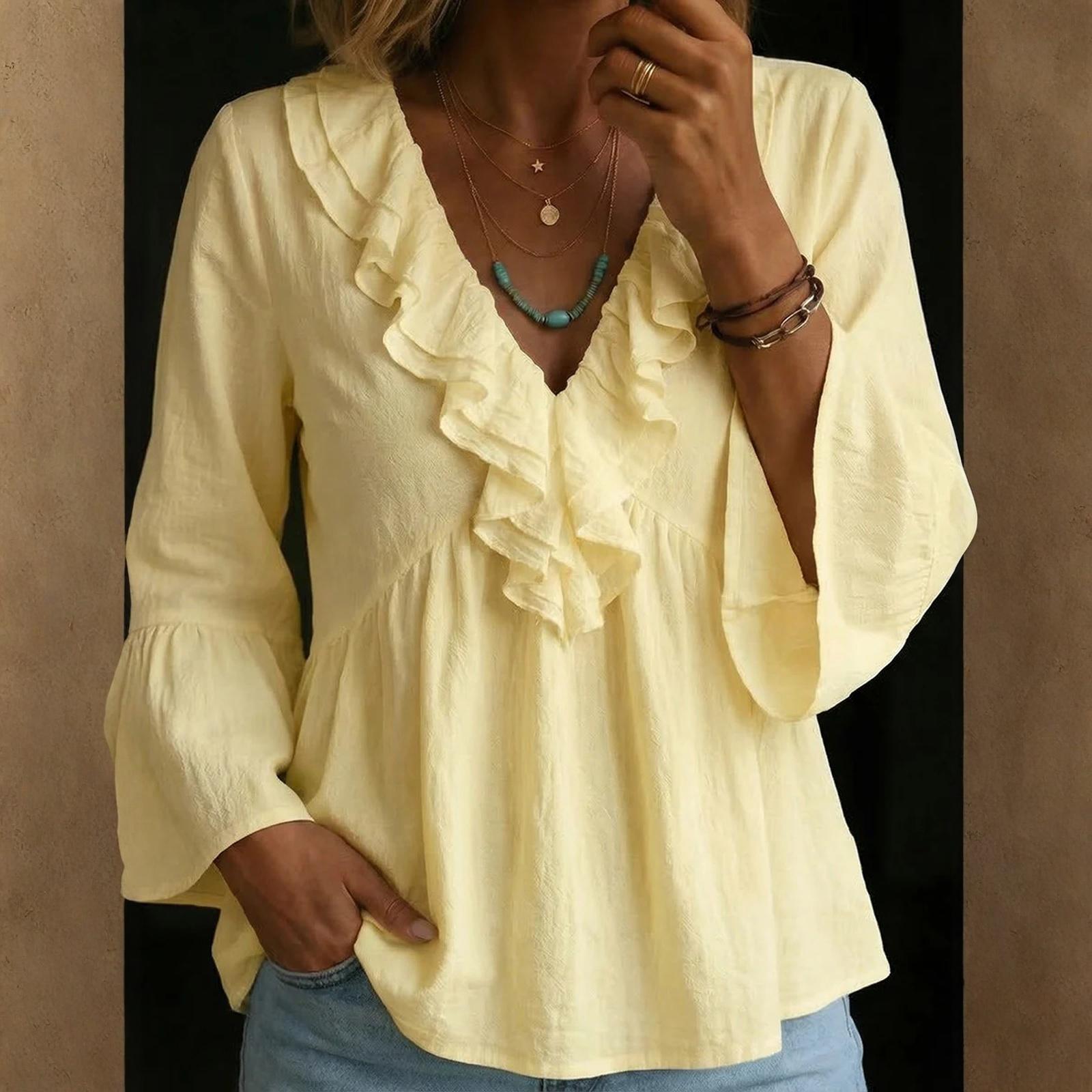 Women’s Long Sleeve Ruffle V Neck Blouse Loose Fit Lightweight Top with Flared Sleeves and Pleated Details XL жёлтый