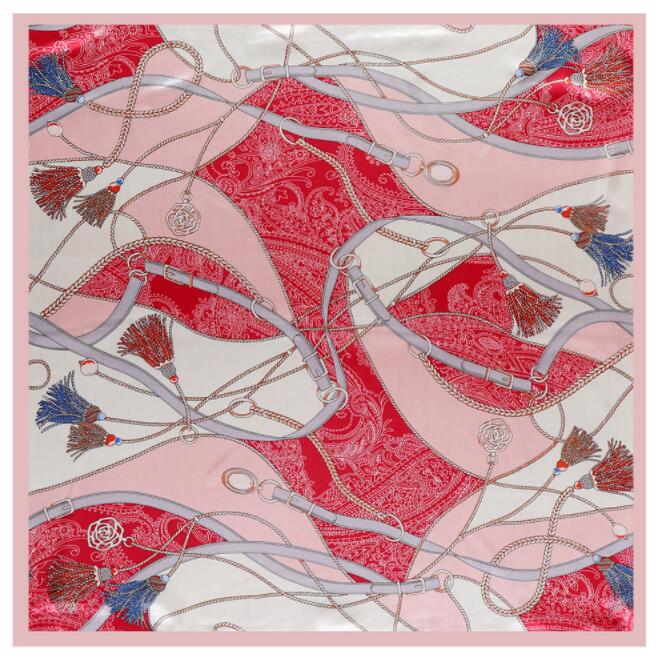90X90Cm Silk Scarf Women Belt And Rope Design Foulard Neckerchief Square Scarf Female Bandana Office Lady Headband