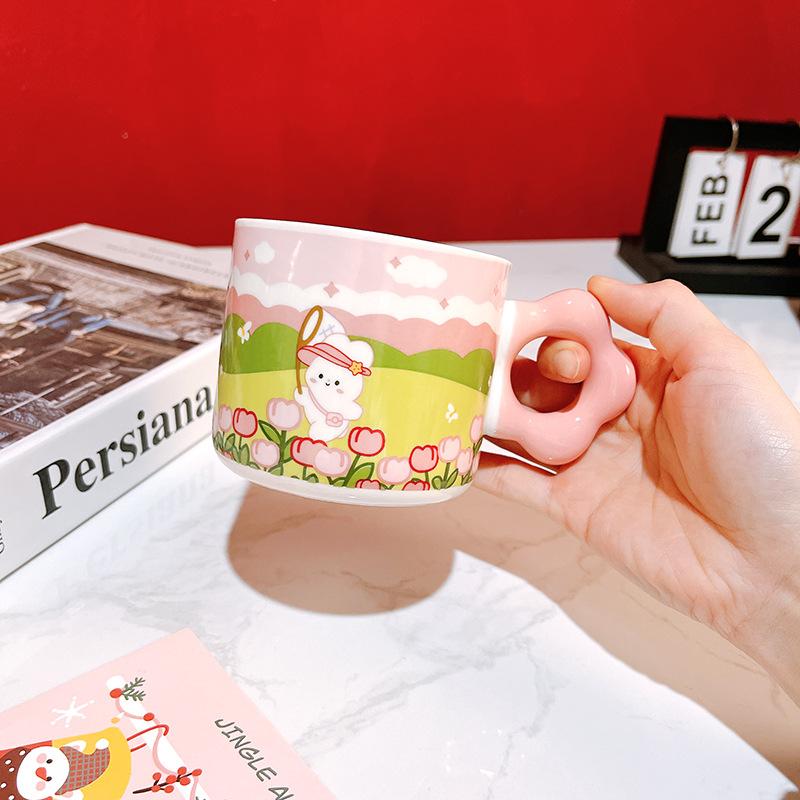 Cute Creative Rabbit Spring Outing Water Cup Drawing Handle Cartoon Ceramic Cup Mug