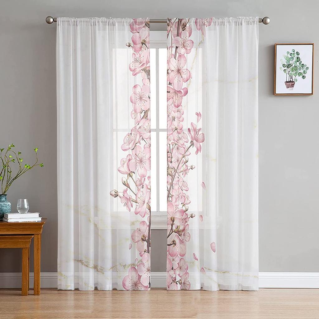 Romantyczna wiosenna firanka z woalu, akwarelowe kwiatowe tiulowe zasłony, dekoracja okien do kuchni/sypialni/salonu