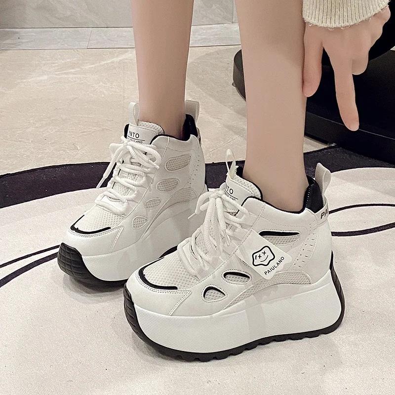 Fashion 10cm Spring Chunky Sneakers Women Lace-up Platform Sports Dad Shoes Woman Goth Thick Bottom High Heels Female Wedges Sneakers