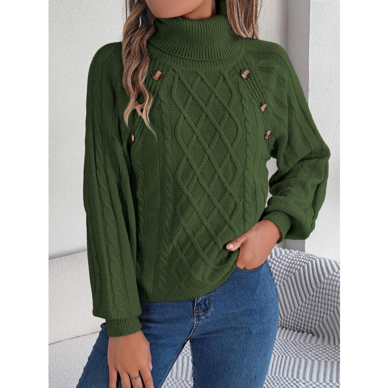 

2025 Autumn and Winter Pullover Turtleneck Women Sweater Casual Solid Color Button Twist Lantern Sleeve Tops Sweaters Buttons Women s Clothing XXL