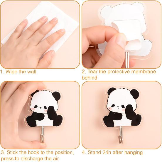 MOROBOR Panda Self Adhesive Hook, 4pcs No Punch Hook Decorative Wall Mounted Hooks Home Office Nursery Room Decoration for Hanging Key, Towel, Hat