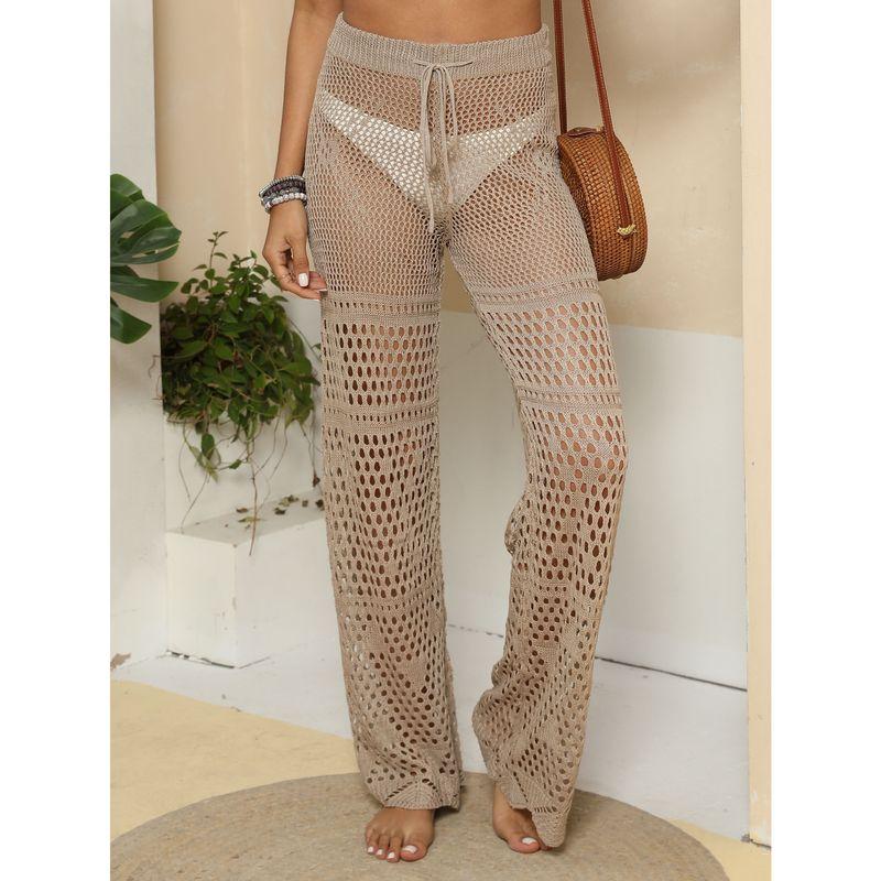 

Women Pants European and American Women clothes Sexy See-through Hollow Woven Beach Pants Slightly Flared Trousers Casual Pants Apricot M
