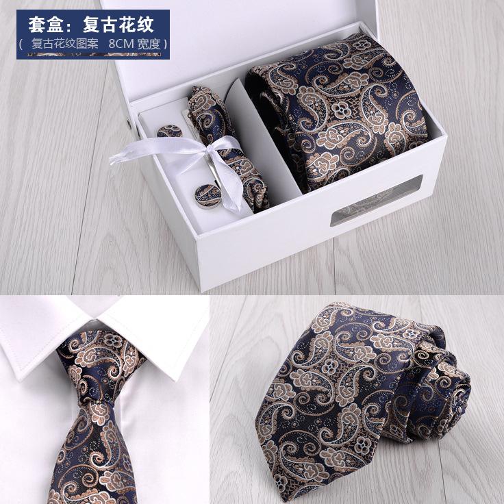 Men'S Six-Piece Formal Business Black 8Cm Striped Hand-Tie Groom Wedding Gift Box