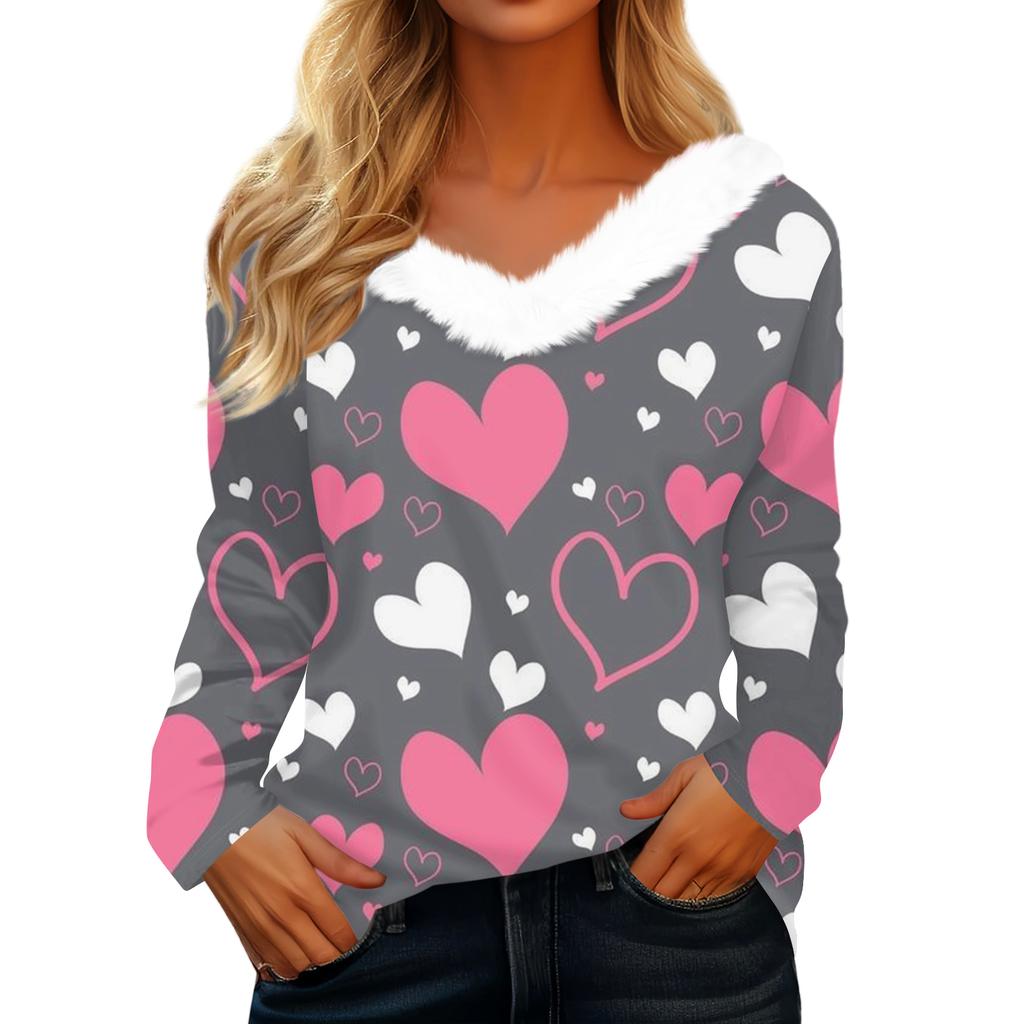 Women's Valentine's Day Printed Long-Sleeved Shirt, V-Neck, Casual Loose-Fitting T-Shirt Top
