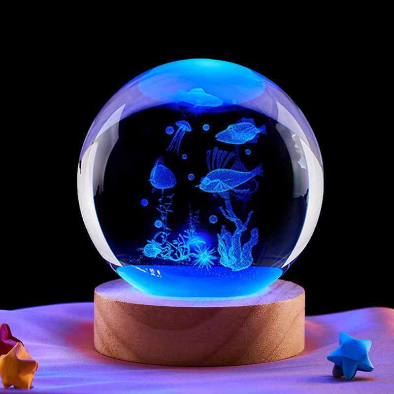 3D Laser Engraved Crystal Ball Night Light - Underwater World Design, Perfect for Classmates & Best Friends' Birthdays