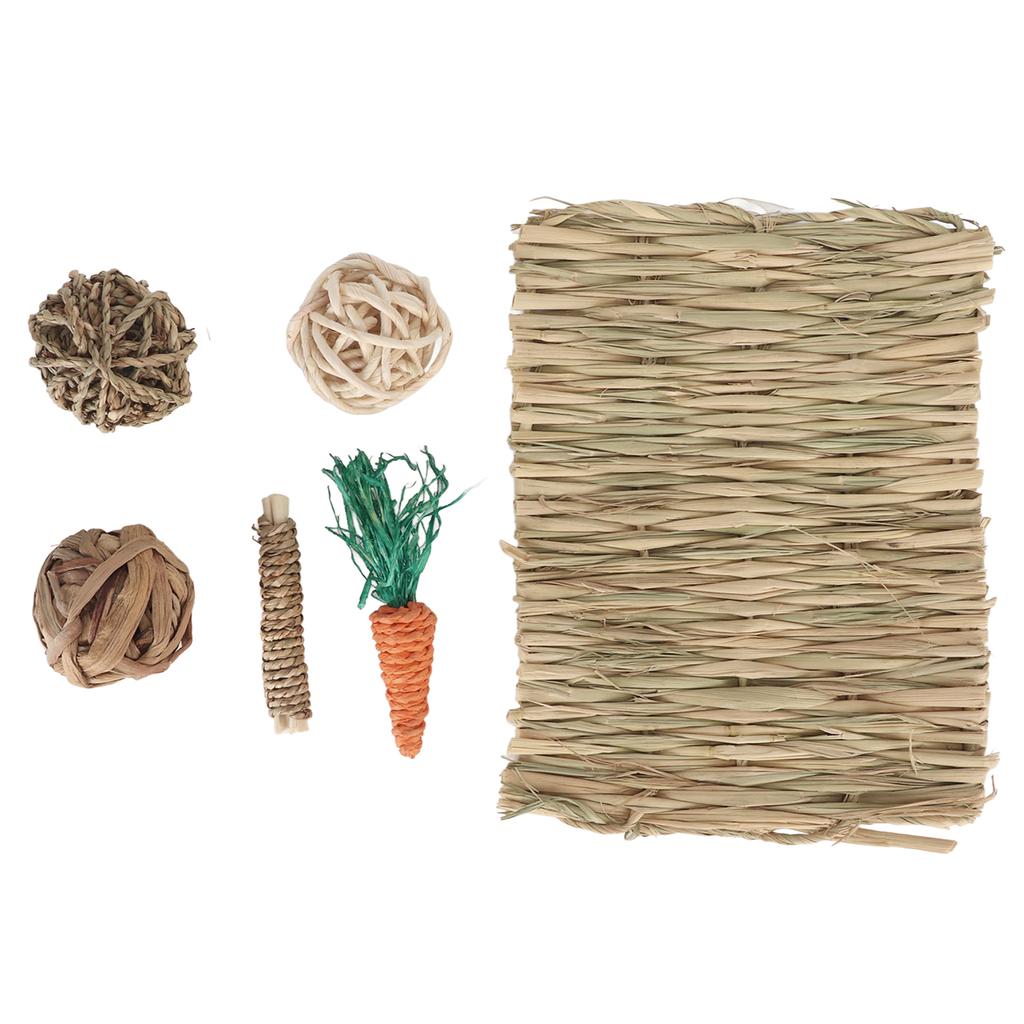 Hamster Chew Toy Set Hand Woven Teeth Grinding Toxic Free Pet Grass Mat Ball Toys for Guinea Pig Rabbit Parrot