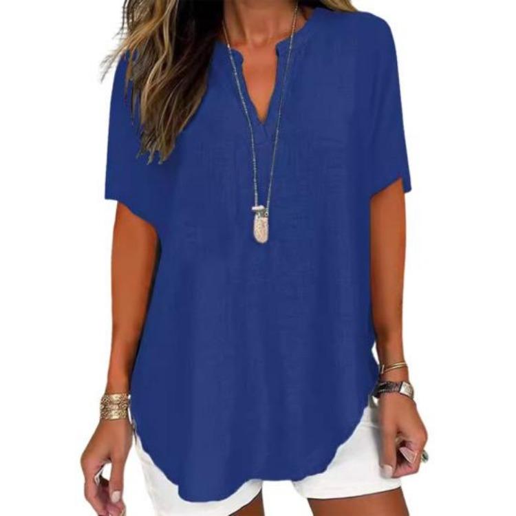 

Casual V Neck Shirt Women Loose Fit Short Sleeve Solid Color Elastic Tee Daily Wear M синий