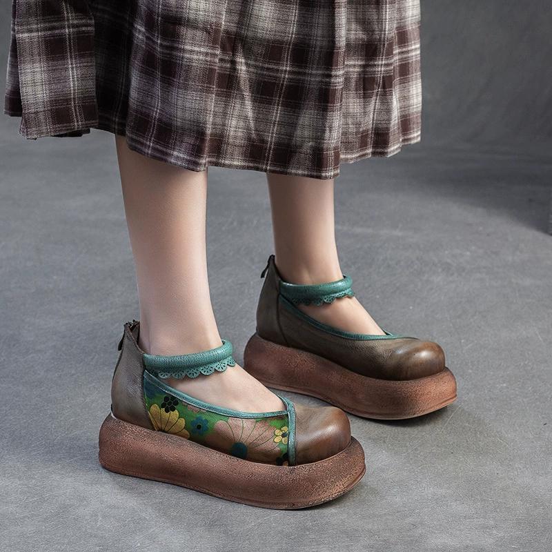Fashion GKTINOO Retro Round Toe Thick Soled Shoes For Spring Summer 2025 New Genuine Leather Flower Women's Flat Platform Shoes