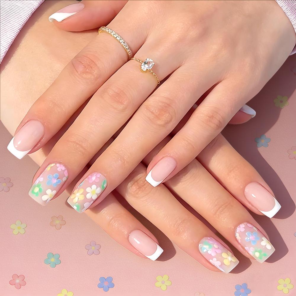 Spring & Summer Cute Floral Square Nails - 24 Piece Wearable French Manicure Tips