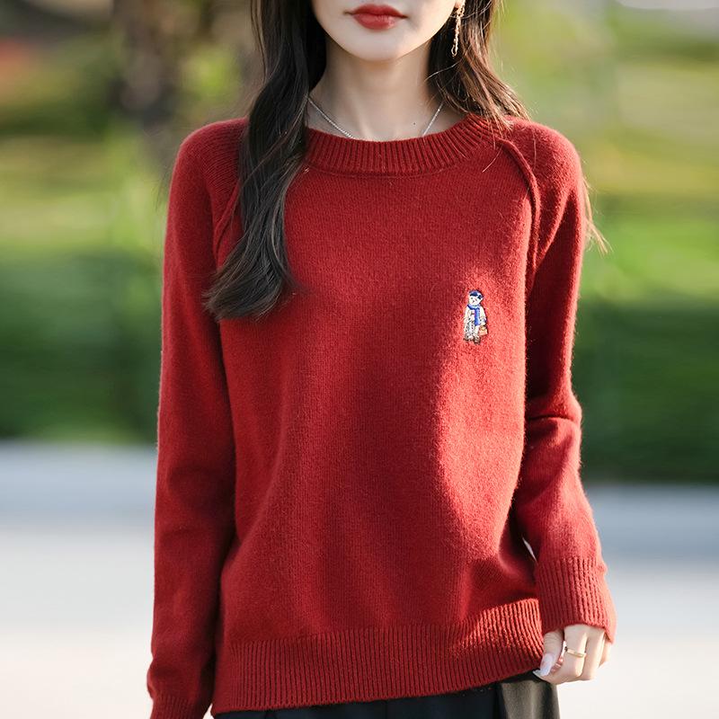 Women's Korean Style Bear Embroidery Thick Knit Sweater - Autumn/Winter Casual Long Sleeve Pullover