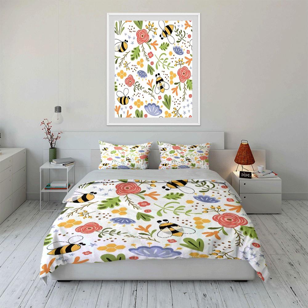 Grosstor Unisex Infant Floral Bee-Themed Pattern Set Exquisite Three-Piece Bedding Set Gift For Kids And Adults 200Cm