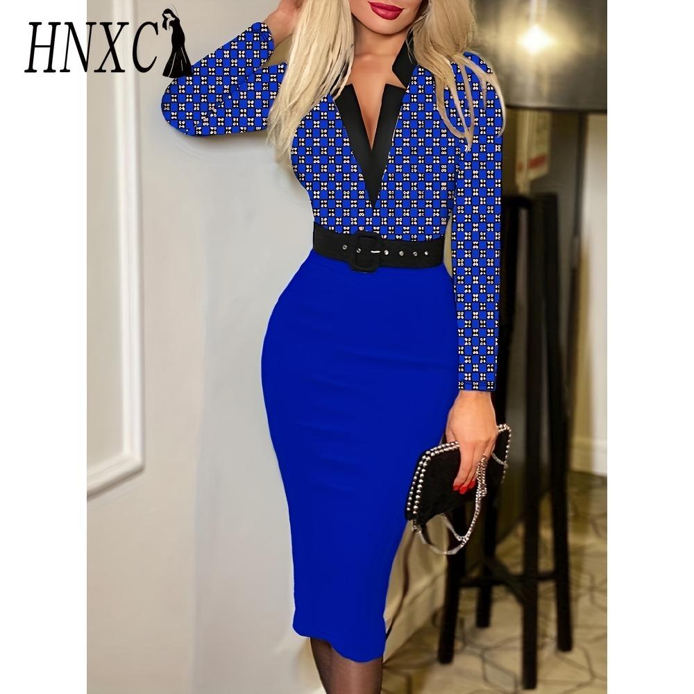 

HNXC Женская мода Весна Осень Длинный рукав V-образный вырез Завышенная талия Повседневные платья L