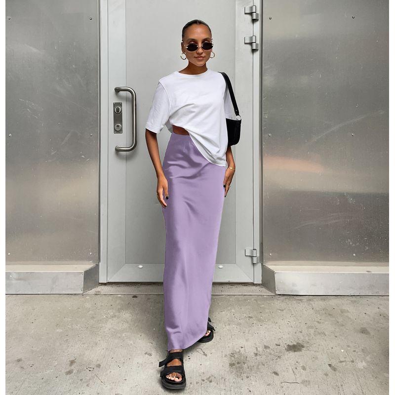 

Solid Color High Waisted Half Length Skirt Pure Color High Waist Long Skirt Purple M